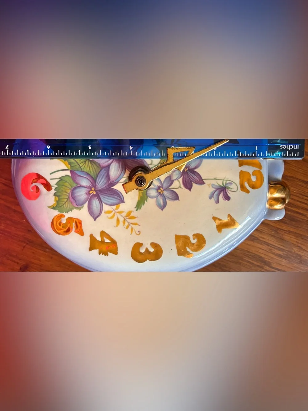 Floral Ceramic Wall Clock in Purple and Gold - Unbranded